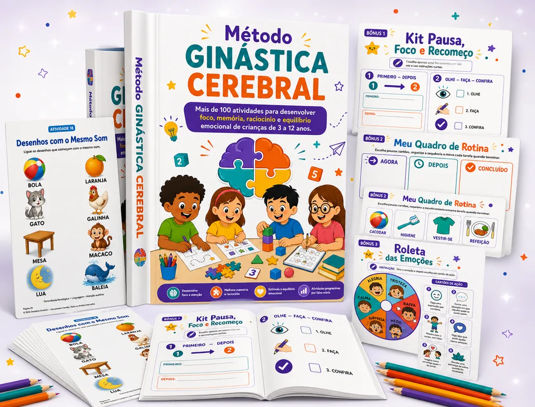 Kit Método Ginástica Cerebral: livro de atividades, páginas de exercícios e os bônus Kit Pausa Foco e Recomeço, Quadro de Rotina e Roleta das Emoções